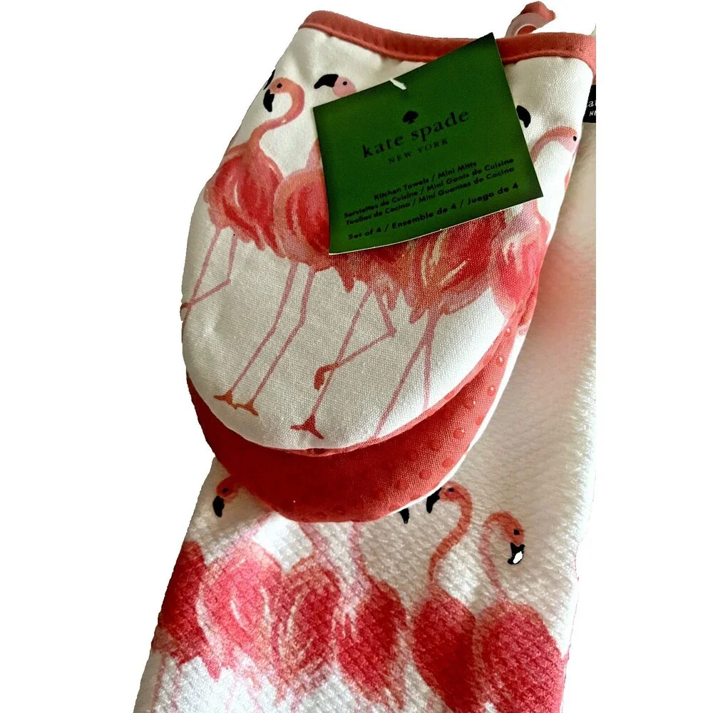 Kate Spade Flamingos Kitchen Dish Towels Mini Oven Mitts Set Pink Cotton 4 Piece